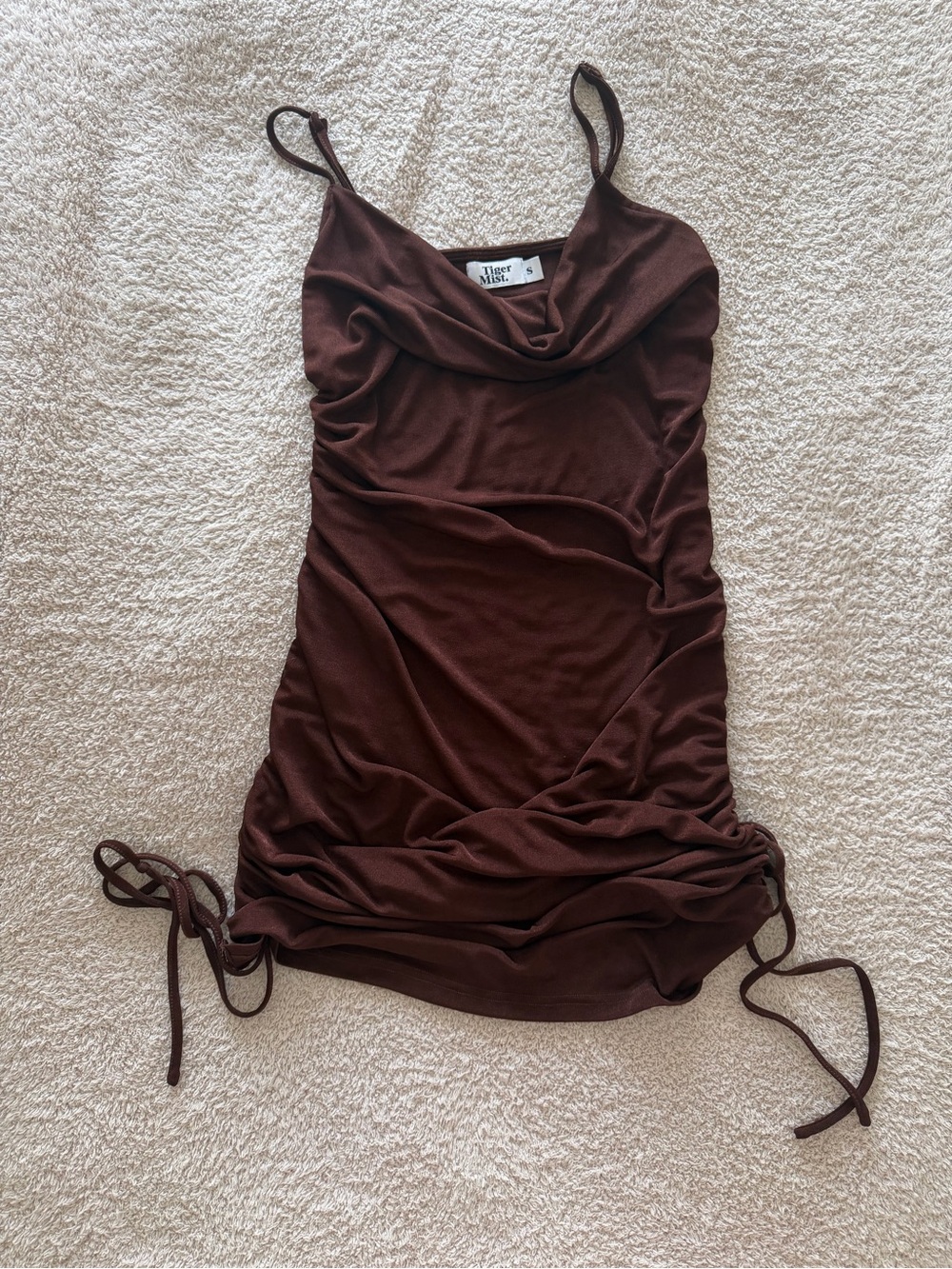 Tiger Mist Chocolate Brown Cowl Neck Ruched Mini Dress